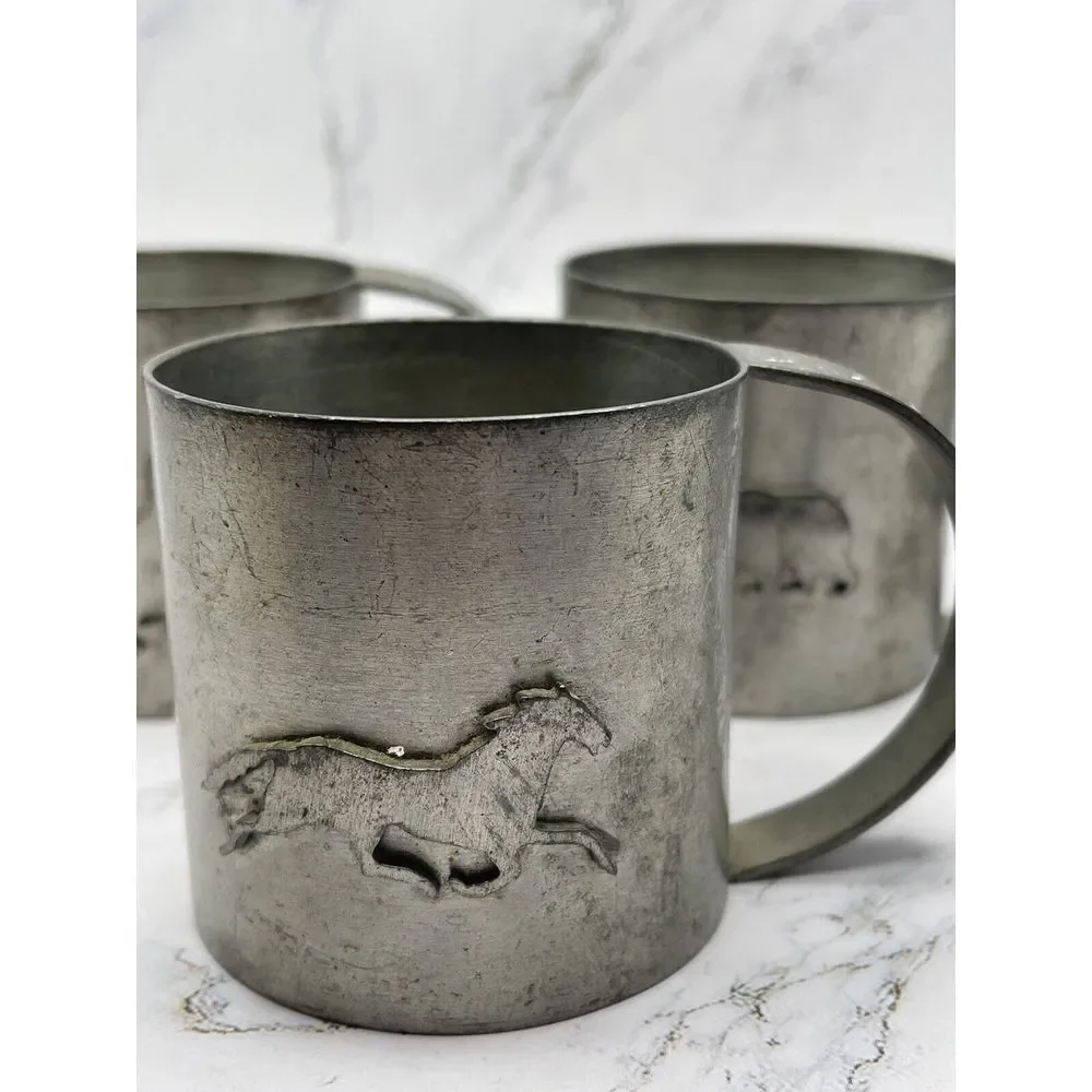 3 Children's Metal Cups w/Animals Duck, Horse,‎ Bear Vintage